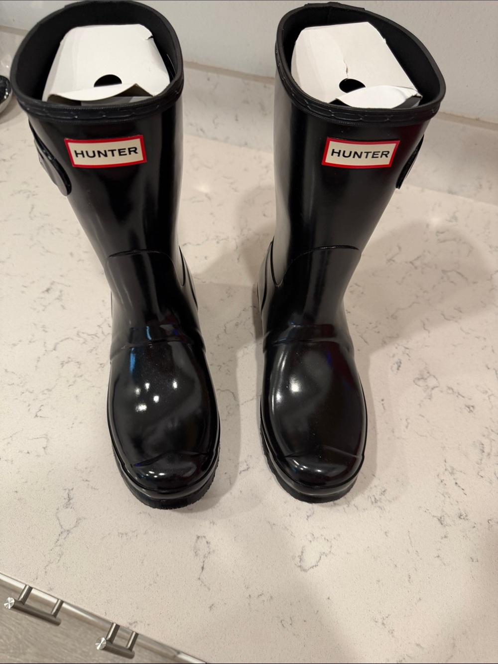Hunter Glossy Black Mid-Calf Rain Boots with Logo